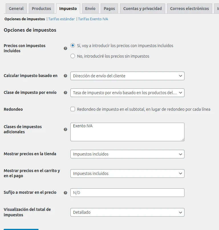 Ajustes de impuestos generales en WooCommerce