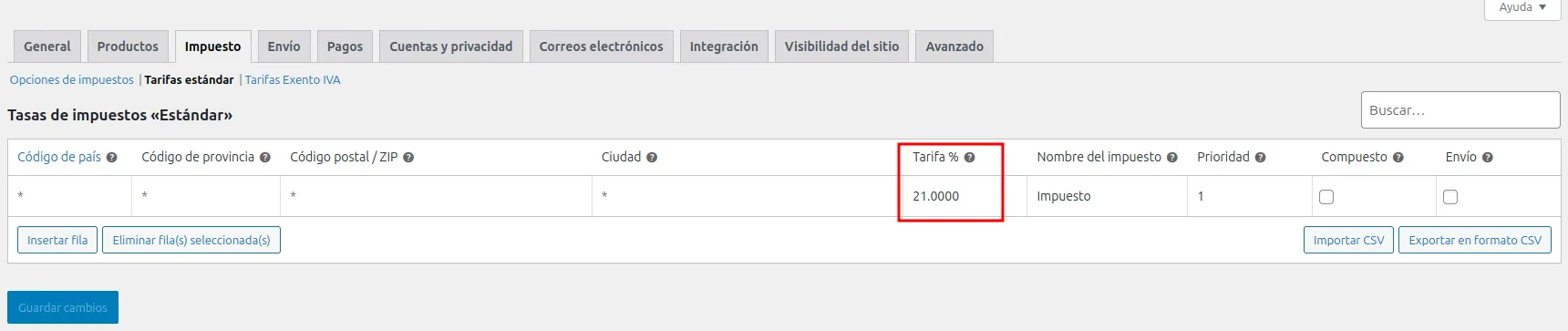 Ajustes de impuesto estandar en WooCommerce
